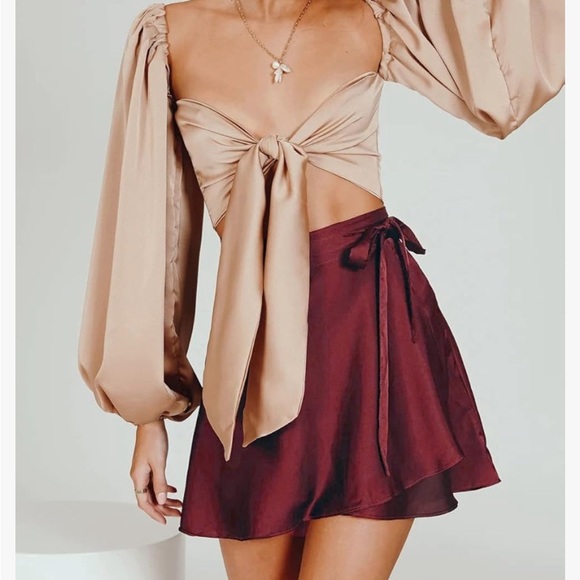 Silk wrap skirt high waisted burgundy wine red - Picture 3 of 4